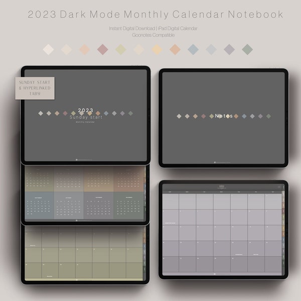 Dark Mode 2023 Digital Monthly Calendar iPad Download | Neutral Tone | Notability GoodNotes Xodo | Aesthetic | Minimal Digital Notebook