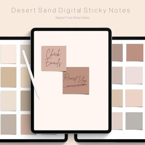 May include: Digital sticky notes in neutral tones of beige, brown, and gray. The notes are displayed on a tablet screen. Two notes have handwritten text: "Check Emails" and "Record Blog".