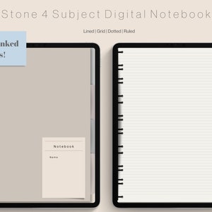 May include: A digital notebook with four sections, each with a different paper style: lined, grid, dotted, and ruled. The notebook has hyperlinked tabs for easy navigation. The notebook is open to a lined page.