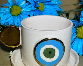 Handmade Ceramic Evil Eye Espresso Mug With Saucer/ Gold Plated, Ceramic Espresso Mug, Handmade Turkish Coffee Cup,Handmade Mug