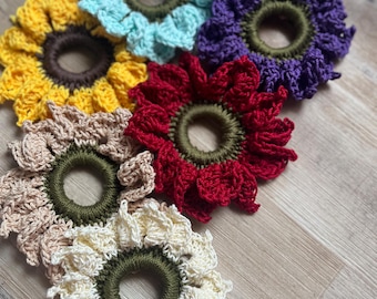 Handmade Crochet Flower Scrunchies – Colorful and Whimsical Hair Accessories