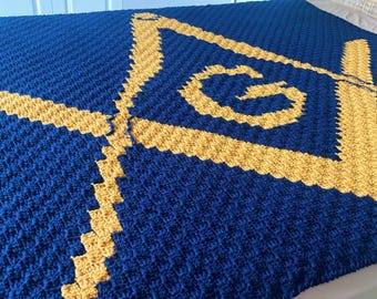Handmade Masonic Crochet Blanket – Freemason Symbol Throw in Blue and Gold – Unique Gift for Masons