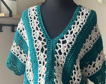 Striped Crochet V-Neck Top – Handmade Summer Crop Sweater, Lightweight Boho Tee, Festival Wear, Lace Top, Mesh Top