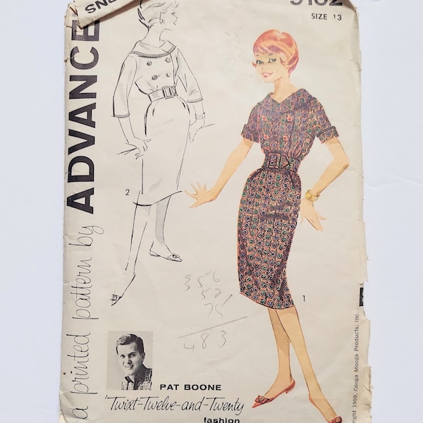 Advance Pattern 9102 Pat Boone Double Breast Dress Jr Teen 13 Cut 1959