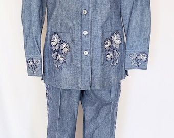 Manning Silver Custom Tailored Embroidered 2pc Denim Pantsuit Size 10 Vintage