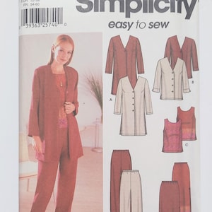 May include: Simplicity sewing pattern 7186 featuring a woman in a red suit. The pattern includes options for a jacket, top, and pants. The package also shows illustrations of the different garment styles. The text "easy to sew" is visible.