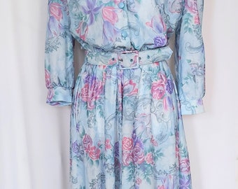 California Looks Long Sleeve Blue Purple Floral Belted Dress 6 Petite Vintage