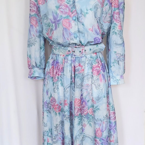 California Looks Long Sleeve Blue Purple Floral Belted Dress 6 Petite Vintage