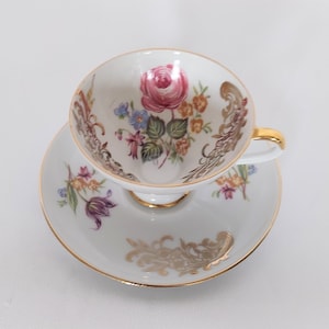 Bareuther Waldsassen Demitasse Tea Cup Saucer Set Floral Rose Design Gold Trim