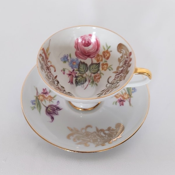 Bareuther Waldsassen Demitasse Tea Cup and Saucer with Pink / Purple Rose Design