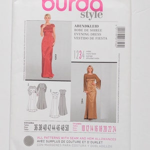 May include: A Burda Style sewing pattern for evening dresses. The package features images of two different dress designs, one in red and one in gold. The pattern includes sizing information in both US and European sizes, and the difficulty level is rated as average.