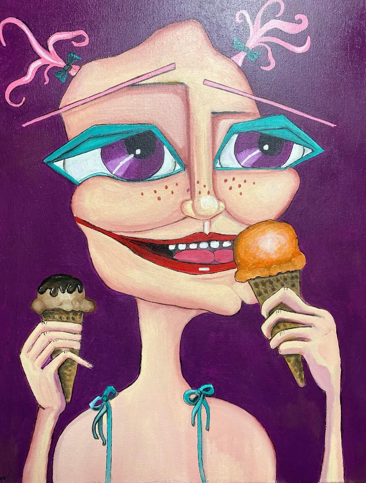 original acrylic painting of a girl eating ice cream cones