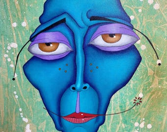May include: A whimsical, abstract painting of a blue face with large brown eyes, purple eyelids, and a red mouth. The background is a textured green with white splatters. A small red flower is on the right side of the face.