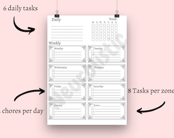 May include: Black and white printable planner page with sections for daily tasks, weekly tasks, and a weekly calendar. The page is divided into sections for daily tasks, weekly tasks, and a weekly calendar. The daily tasks section has space for six tasks, the weekly tasks section has space for four tasks per day, and the weekly calendar has space for eight tasks per zone.