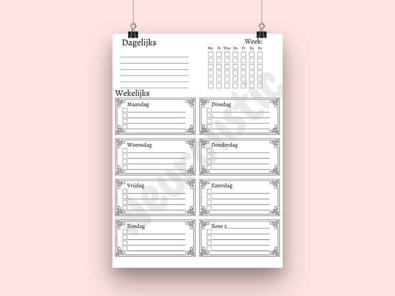 May include: A black and white printable daily and weekly planner with Dutch text. The planner includes sections for daily tasks, weekly tasks, and a weekly calendar.