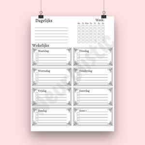 May include: A black and white printable planner with sections for daily, weekly, and monthly tasks. The planner includes a grid for tracking habits and a section for notes.