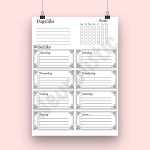 May include: A black and white printable planner with sections for daily, weekly, and monthly tasks. The planner includes a grid for tracking habits and a section for notes.
