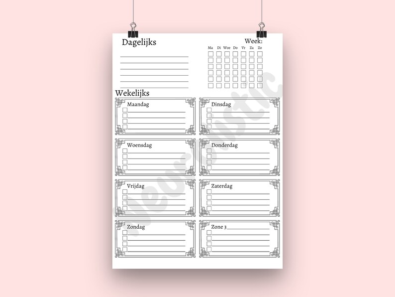 May include: A black and white printable planner with sections for daily, weekly, and monthly tasks. The planner includes a grid for tracking habits and a section for notes.