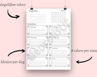 May include: A printable daily, weekly, and monthly planner with sections for daily tasks, weekly tasks, and monthly tasks. The planner has a black and white design with a decorative border.