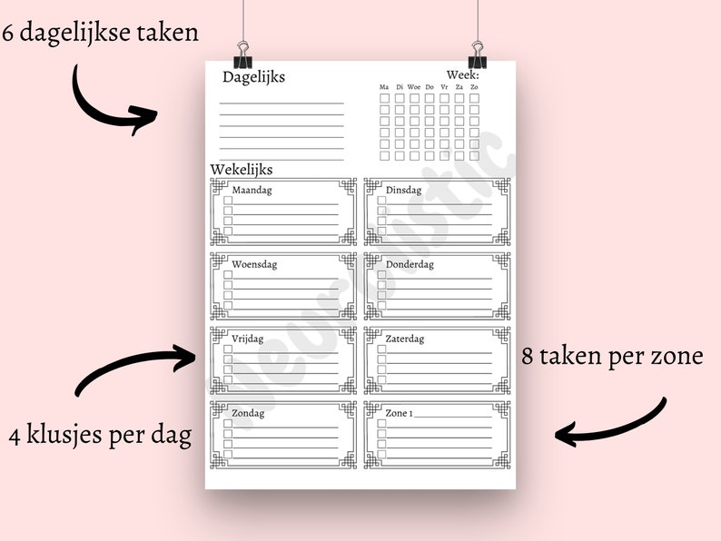 May include: A printable daily, weekly, and monthly planner with sections for daily tasks, weekly tasks, and monthly tasks. The planner has a black and white design with a decorative border.
