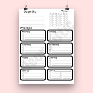 May include: A black and white printable planner with sections for daily, weekly, and zone 3 tasks. The planner includes checkboxes and lines for writing.