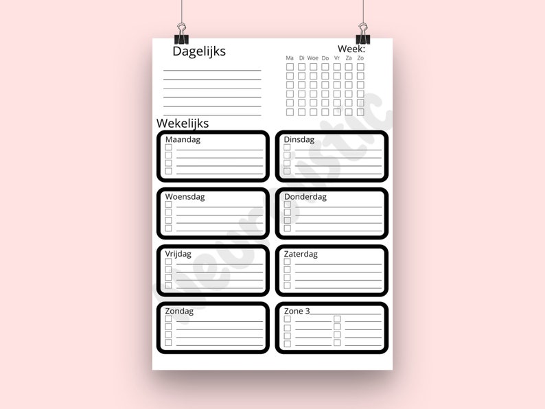 May include: A black and white printable planner with sections for daily, weekly, and zone 3 tasks. The planner includes checkboxes and lines for writing.