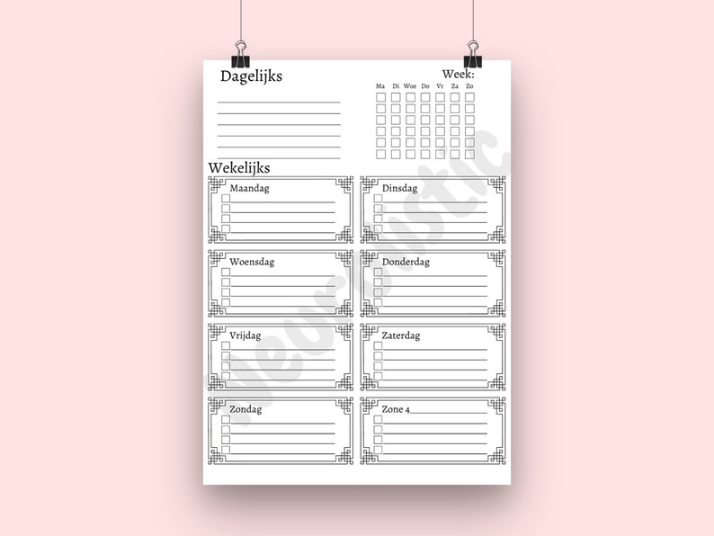 May include: A black and white printable planner with sections for daily, weekly, and monthly tasks. The planner includes checkboxes and lines for writing. The text on the planner reads "Dagelijks" (Daily), "Week" (Week), "Wekelijks" (Weekly), "Maandag" (Monday), "Dinsdag" (Tuesday), "Woensdag" (Wednesday), "Donderdag" (Thursday), "Vrijdag" (Friday), "Zaterdag" (Saturday), "Zondag" (Sunday), and "Zone 4".
