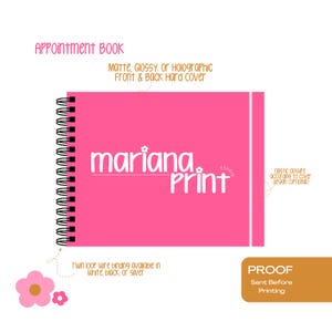 May include: Pink appointment book mockup with the text "mariana Print Studio" in white. The book has a black wire binding and a white elastic closure. The text "PROOF Sent Before Printing" is in a gold box.