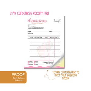 May include: A pink and white receipt pad with a floral design. The pad is labeled "Mariana Handmade Designs" and includes a space for the customer's name, address, date, item description, quantity, price, and total. The pad also includes a section for pick-up, delivery, shipping, Zelle, cash, and other payment methods. The text "Totally customizable to meet your business needs!" is printed on the bottom of the pad.