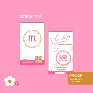 May include: Two pink and white scratch cards with a thank you message and a 5% off discount code. The cards feature a pink and white floral design with a gold logo.