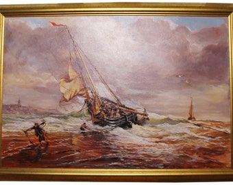 Framed Ray Smith Impressionist Oil on board - Choppy Seas and Ship