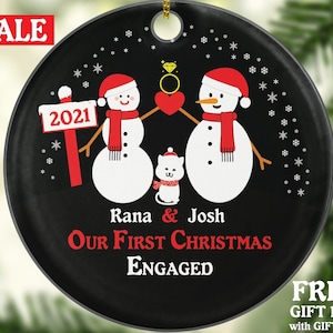 Personalized Engaged Ornament with Cat Pet Fur Family Dad Mom Owner Lover Engagement Ring Snowmen She Said Yes Couple Our First Christmas