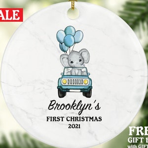 Baby&#39;s First Christmas Car Blue SUV Truck Ornament - Custom Baby Car with Tree First Gift - Personalized Baby Boy Elephant