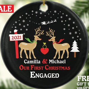 Personalized Engaged Christmas Ornament - Engagement Couple Gift Our First Future Husband Wife Newly Just She Said Yes Deer Reindeer Name