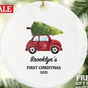 Baby&#39;s First Christmas Car Ornament - Custom Baby Red Car with Tree First Gift - Personalized Baby Boy and Girl