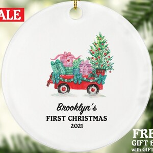 Baby&#39;s First Christmas Wagon Ornament - Custom Baby Ride On with Tree First Gift - Personalized Baby Car