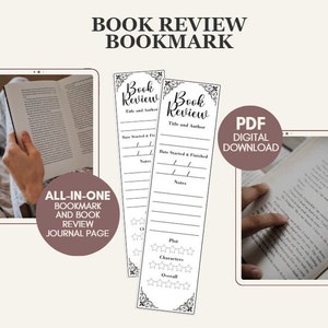 Op de afbeelding: Printbare boekrecensie-bladwijzer met een zwart-wit ontwerp. De bladwijzer heeft ruimte voor de titel en auteur van het boek, de start- en einddatum, notities en een beoordelingssysteem voor plot, personages en algehele indruk.