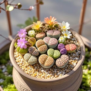 May include: A round brown ceramic pot filled with small, pebble-like lithops succulents in shades of green, brown, purple, and orange. The succulents are interspersed with small, delicate flowers in pink, yellow, orange, and white, all set in gravel.