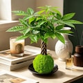 Braided Money Tree Kokedama with Black Plate, Preserved Moss Ball Pachira Aquatica, Low Maintenance Live Houseplant | Unique Home Decor Gift