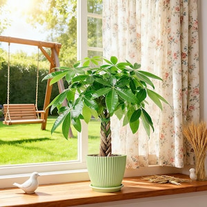 May include: A vibrant green money tree plant in a light green ribbed ceramic pot, set on a wooden windowsill. The plant has large, glossy leaves and a braided trunk. A white ceramic bird figurine sits nearby, with a view of a backyard swing set through the window.