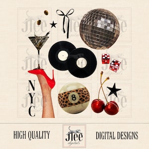 Op de afbeelding: Een collage van retro-elementen, waaronder een discobal, vinylplaten, dobbelstenen, kersen en een 8-ball met luipaardprint. Een rode high heel houdt een martiniglas vast. Het woord "NYC" wordt verticaal weergegeven.