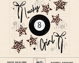Lucky Girl Eight Ball PNG: Leopard Star Design (Digital Download)