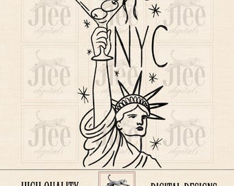 Martini NYC PNG: Diseño retro de la ciudad de Nueva York, diseño dibujado a mano (descarga digital)