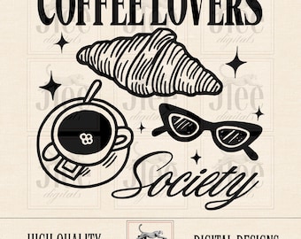 Coffee Lovers Society PNG: Retro French Cafe Illustration (Digital Download