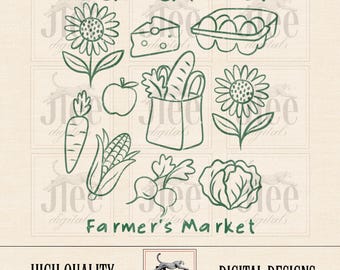 Farmers Market PNG: Retro Fruit & Vegetable Illustration (Digital Download)