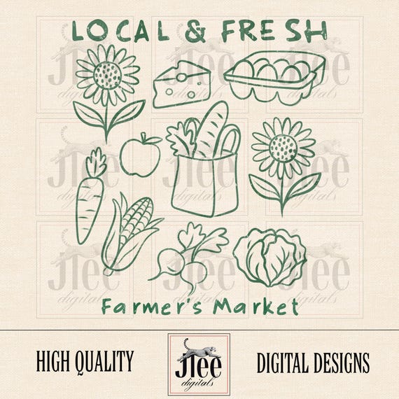 Farmers Market PNG: Retro Fruit & Vegetable Illustration (Digital Download)