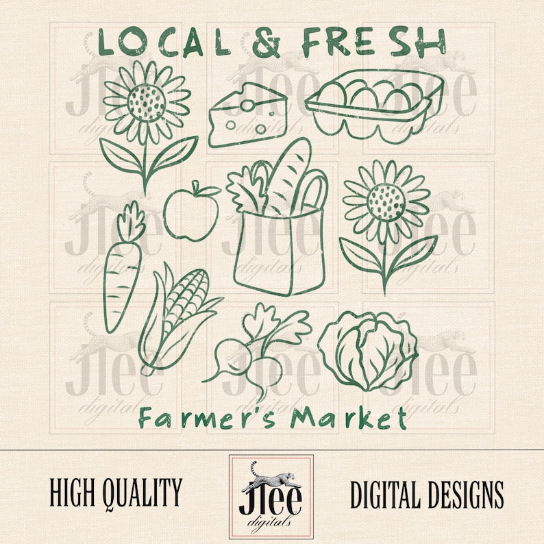 May include: A green line drawing of various farmer's market items, including a sunflower, cheese, eggs, carrot, apple, bag of produce, corn, radish, and cabbage. The words "LOCAL & FRESH" and "Farmer's Market" are at the top and bottom.