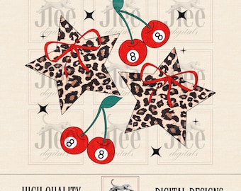 Estampado de guepardo cereza, estrellas PNG, diseño retro moderno (descarga digital)