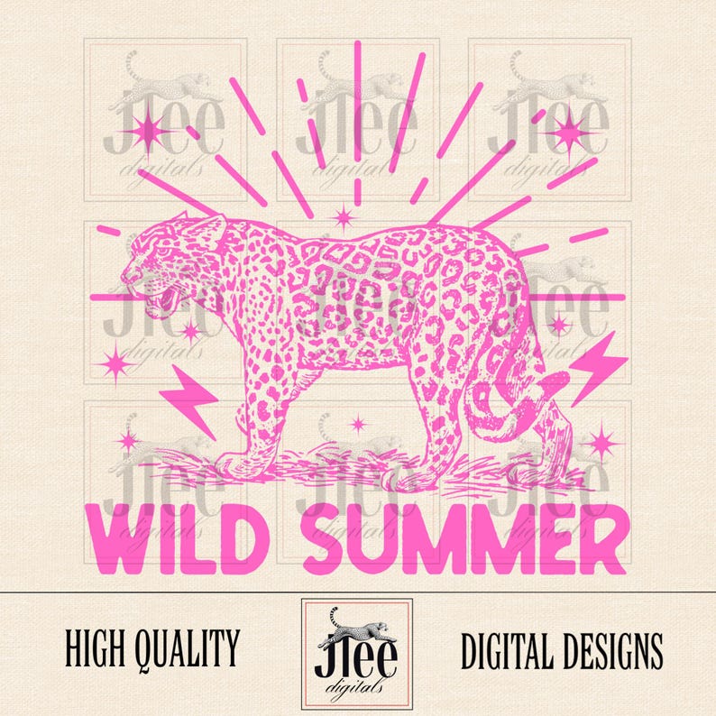 May include: Pink graphic design featuring a pink leopard with a pink "WILD SUMMER" text overlay. The design is surrounded by pink stars and lightning bolts.