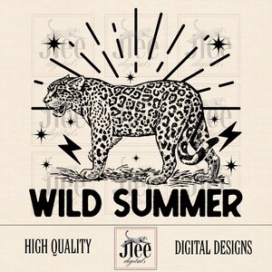 May include: Black and white illustration of a jaguar with a spotted coat. The jaguar is standing on a grassy surface with a starburst design behind it. The text "WILD SUMMER" is below the jaguar.